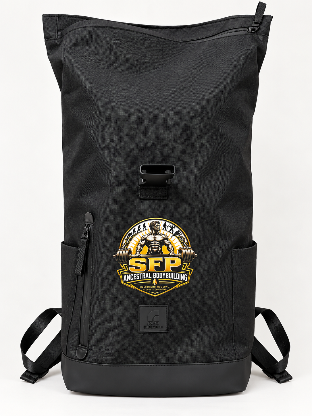 Mochila SFP negra, vista frontal con logotipo