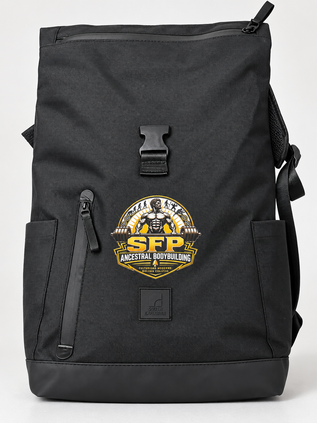Mochila SFP negra, detalle de cremallera y frontal